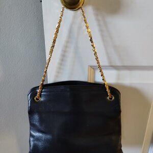 Vtg Markay Bags Purse Hand/Shoulder Brass Scroll Link Chain Strap; Dark Blue USA